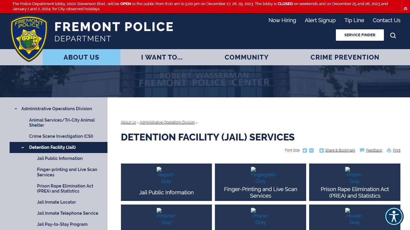 Detention Facility (Jail) Services | Fremont Police Department, CA